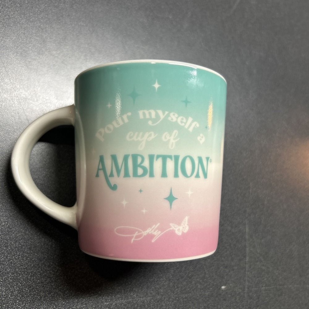 Dolly Parton 'Pour Myself A Cup Of Ambition' Coffee Mug Turquoise Pink 18oz NWT